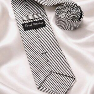 David Donahue Black and White Striped 100% Silk Tie